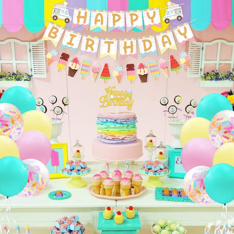 Marwey Ice Cream Birthday Banner and Cake Topper Summer Colorful Ice Cream Themed Kids Birthday Party Supplies - Image 5
